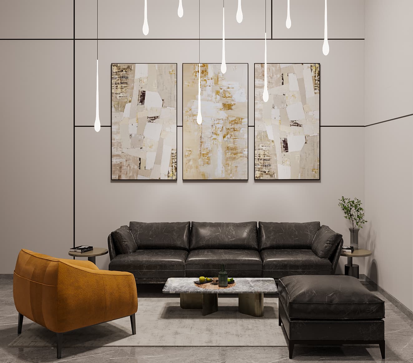 Phòng khách ghế bành vàng mù tạt, sofa da đen, căn hộ Anh Sơn quận 2