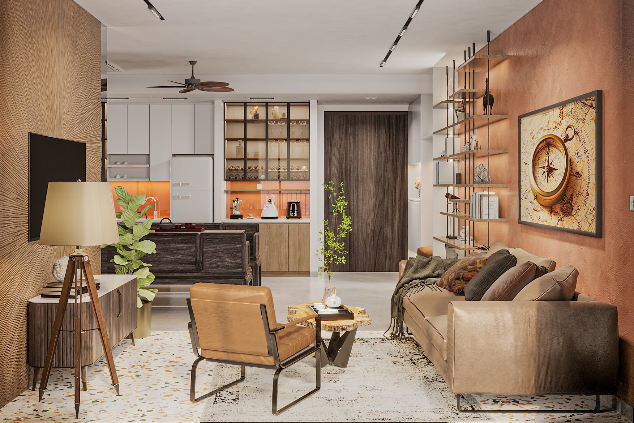 Phòng khách căn hộ Anh Hoàng, tường đất nung, sofa da nâu, quận 7